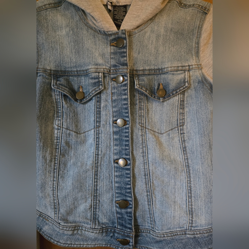 Denim and Gray Hooded Denim Jacket - Picture 2 of 5